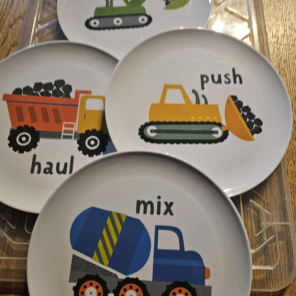 Kids Construction Truck Plate Set - Mix, Push, Haul 10 Inches Melamine